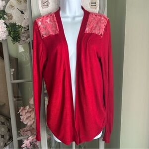 PAPILLON Open Front Cardigan Red Lightweight Sweater with Embroider Lace Back XL